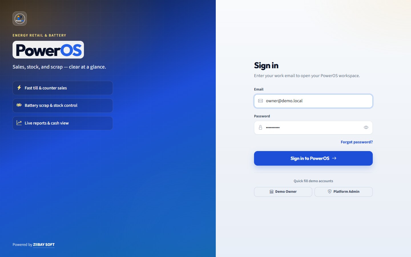 PowerOS staff login for role-based solar shop access