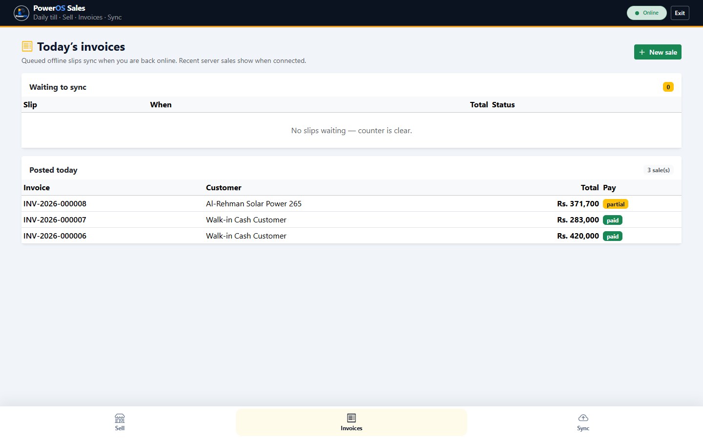 PowerOS Offline Sales invoices list on the till