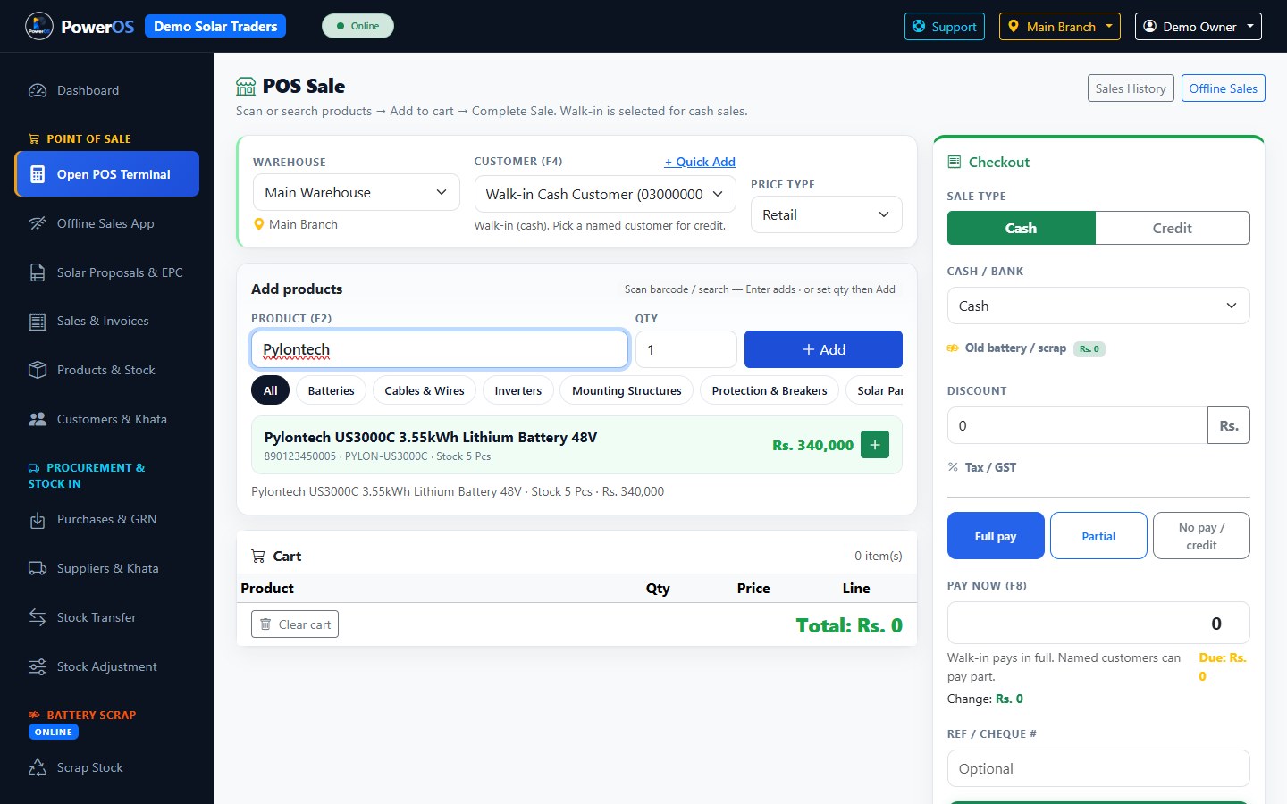 PowerOS POS sale with warehouse, customer, barcode search, cart totals, and payment panel