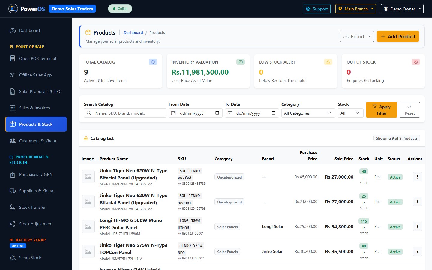 PowerOS products list with SKU, barcode, cost, sell price, and on-hand quantity