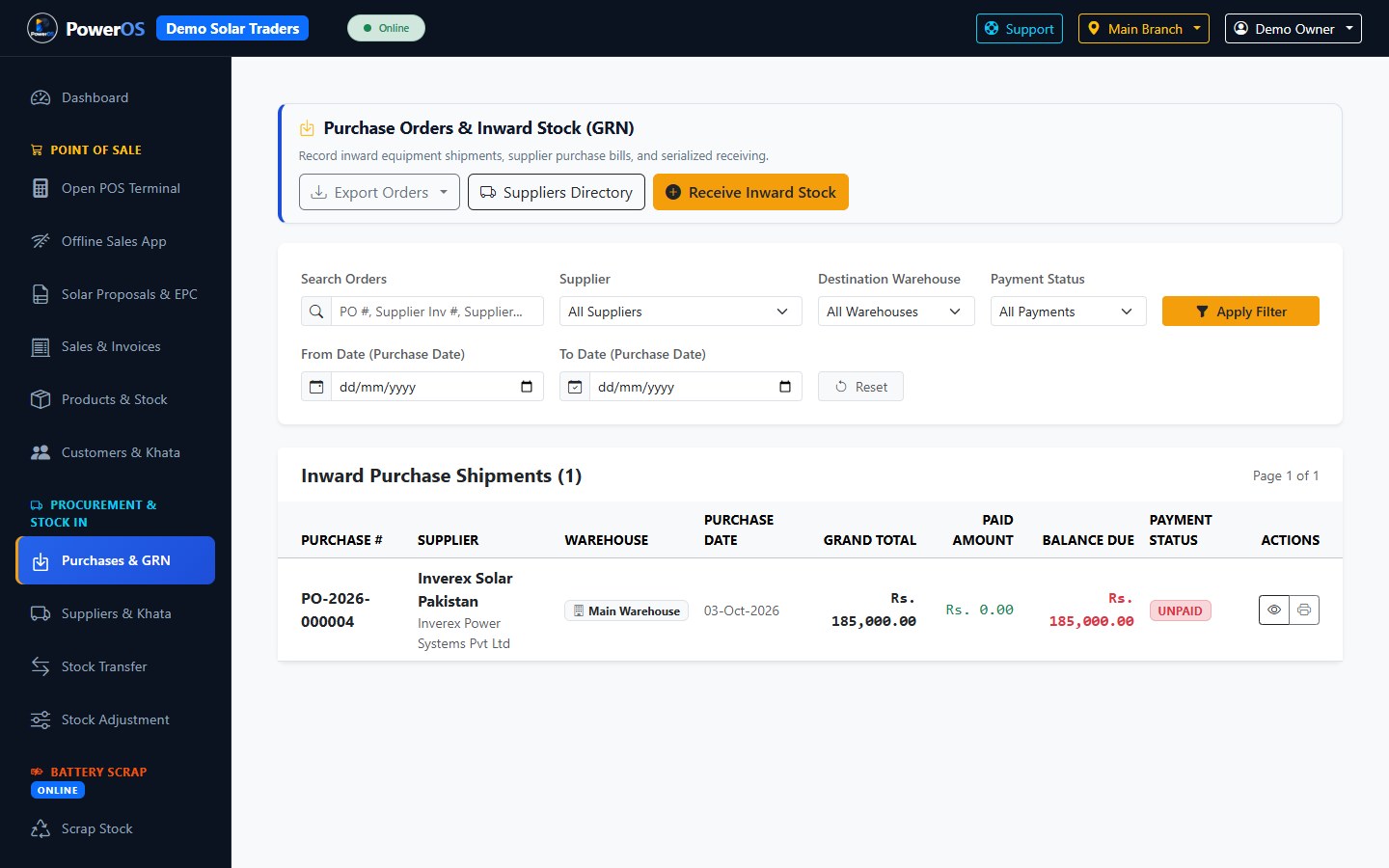 PowerOS purchase orders for supplier buying and goods receiving