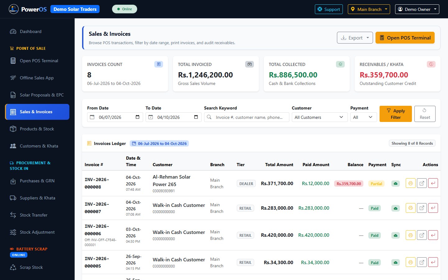 PowerOS sales invoice history after POS and invoice posting
